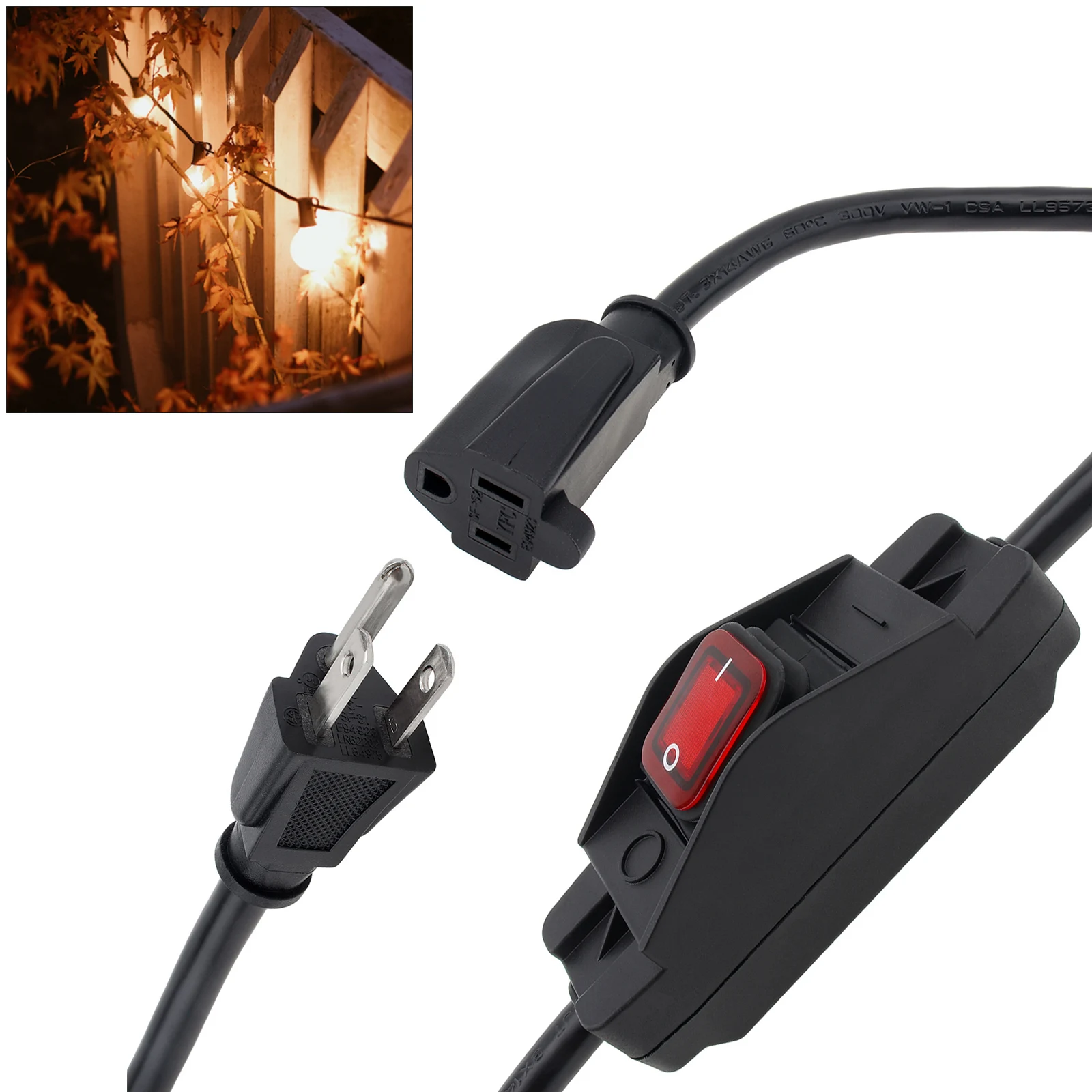 3 Prong Extension Cord Heavy Duty Outdoor Waterproof Extension Cord for Lamp/ Printer / Appliances with Switch On/Off Power Cord