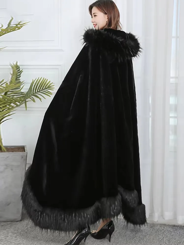 Mauroicardi-Poncho en fausse fourrure pour femme avec garniture en fausse fourrure de renard, manteau de luxe élégant, extra long, optique respirante chaude, noir, hiver