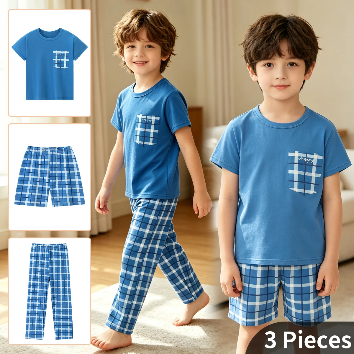 3-Piece Spring/Summer Children's Set Moisture Absorbing Comfortable Casual Fashionable Home Short Sleeved Pajamas Shorts Pants
