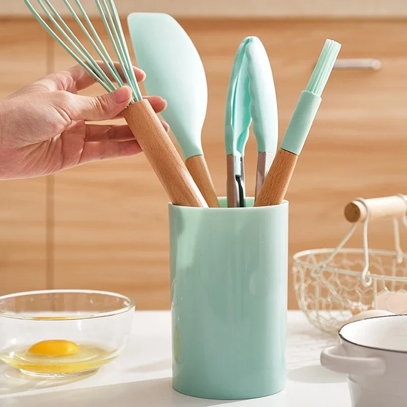 12 Pieces Silicone Cooking Utensils Set Non-stick Cookware Spatula Shovel Egg Kitchenware Beaters Wooden Handle Kitchen Tool