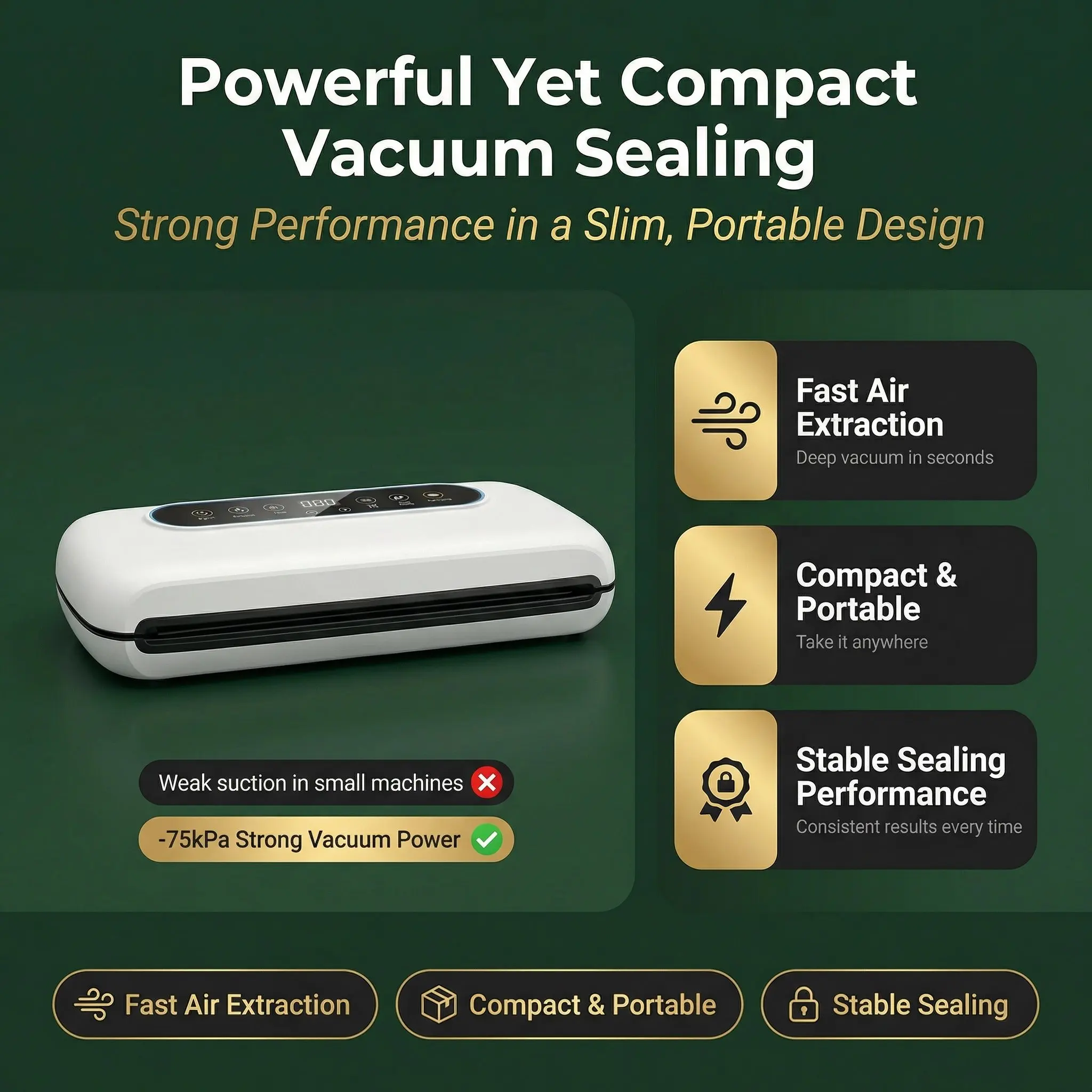 Powerful Suction Battery Powered Portable Vacuum Sealer - 75kPa Mini Vacuum Sealer for Home Use and Food Storage