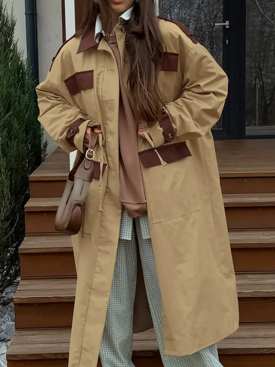 

Spring New Women Full Sleeve Lapel Workwear Loose Long Overcoat Outerwear Fashion Vintage Contrasting Trench Coat Jacket