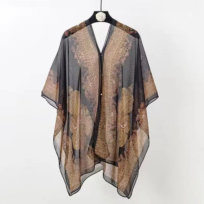 

Summer Boho Sunscreen Clothes Cardigans Women Shirts Shawl Coats Casual Loose Printed Holiday Beach Long Shirt Irregular Blouses