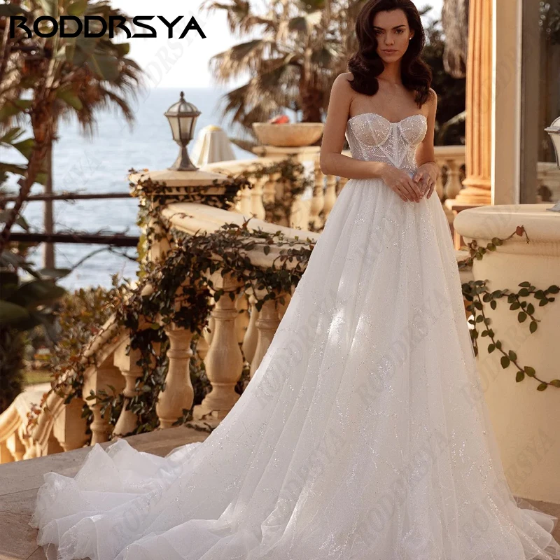 

RODDRSYA Romantic Strapless Wedding Dresses Sparkly A-Line Sleeveless Bridal Gowns Tulle Backless Vestido De Noiva Customized