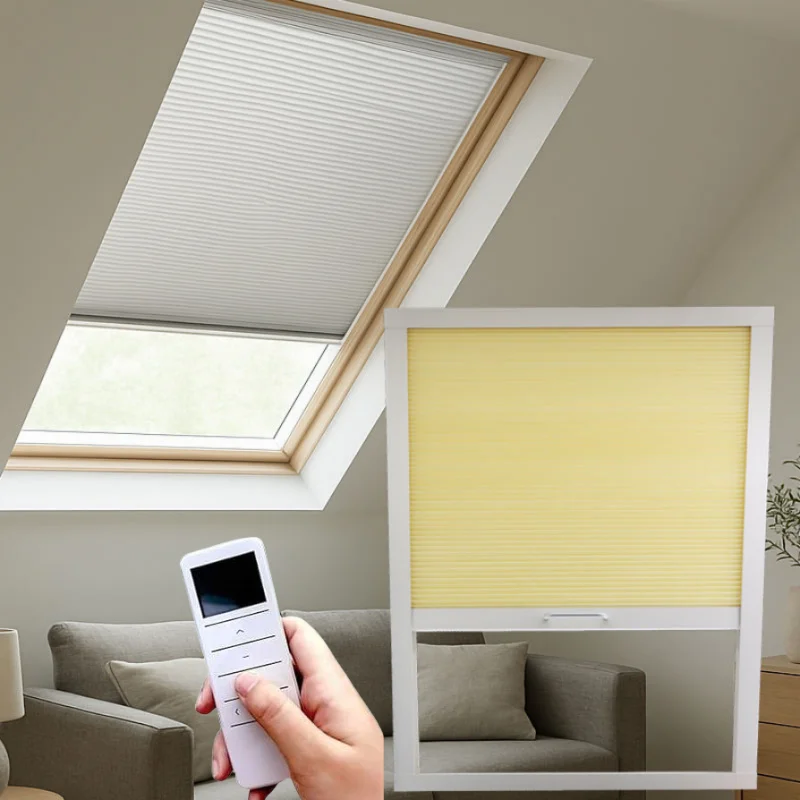 

Custom Size Aluminium Material Ultraviolet-resistant Fabric Remote Control Motorized Skylight Honeycomb Blinds For Roof Windows
