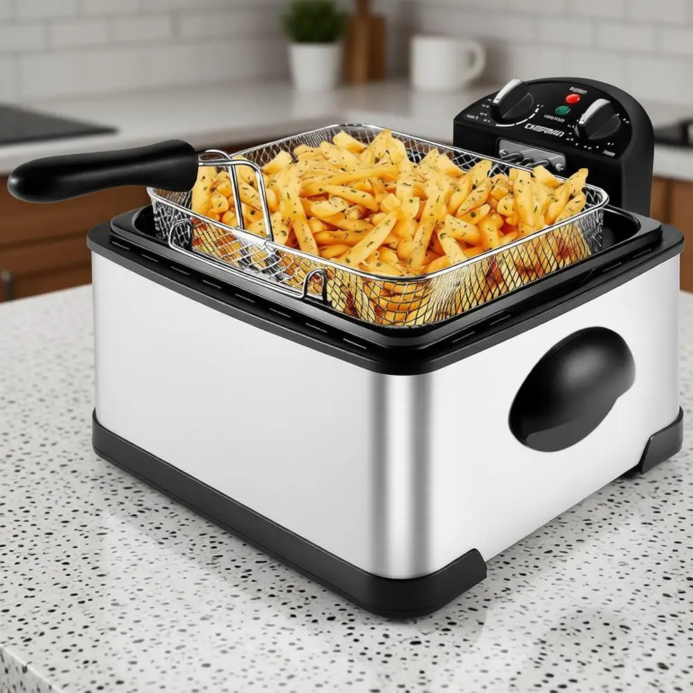 

4.5 Liter Deep Fryer with Basket Strainer, XL Jumbo Size, Adjustable Temperature & Timer, Perfect for Fried Chicken, Shrimp, Fre