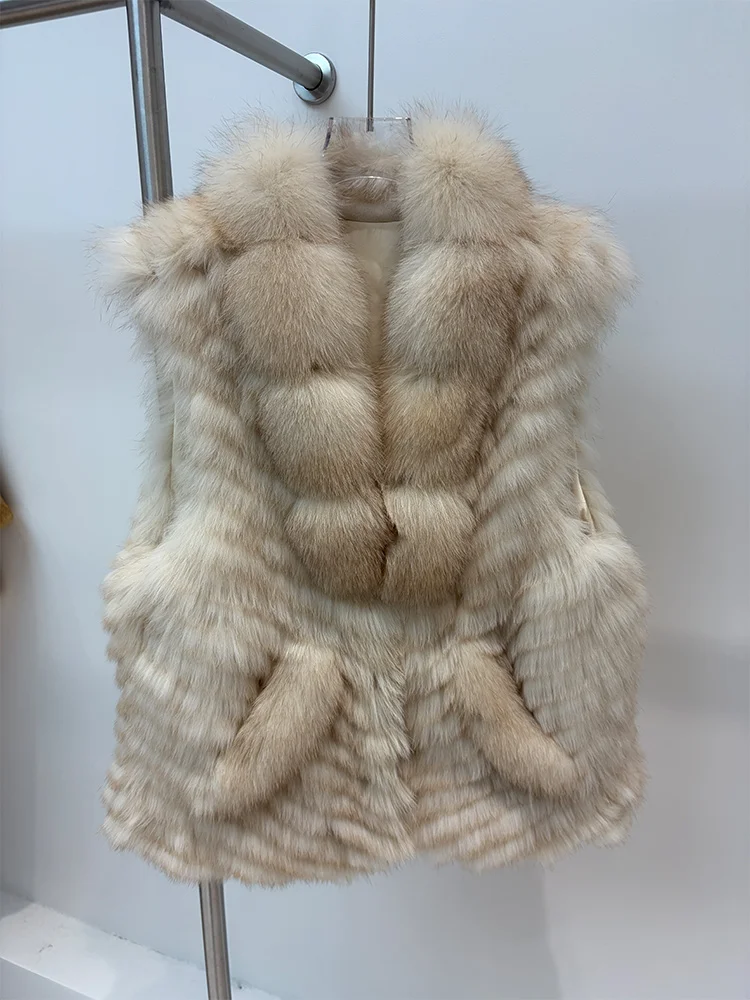 Casual Autumn Winter Warm Women Natural Fox Fur Vest Real Fur Strip Sewed Toghter Coat Waistcoat Female Outwear Jacket