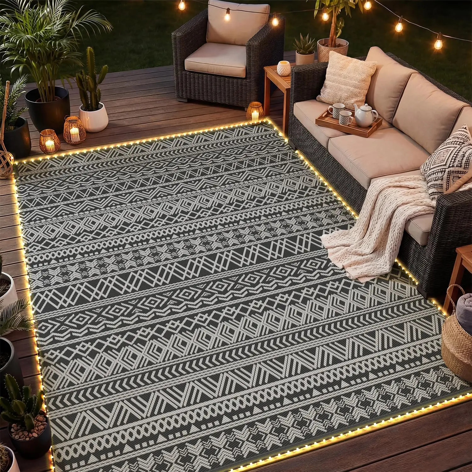 

-Outdoor Rug Carpet 6x9 ft for Patio RV Camping with Led Strip Lights Waterproof Plastic Straw Rug Reversible Portable Outsid