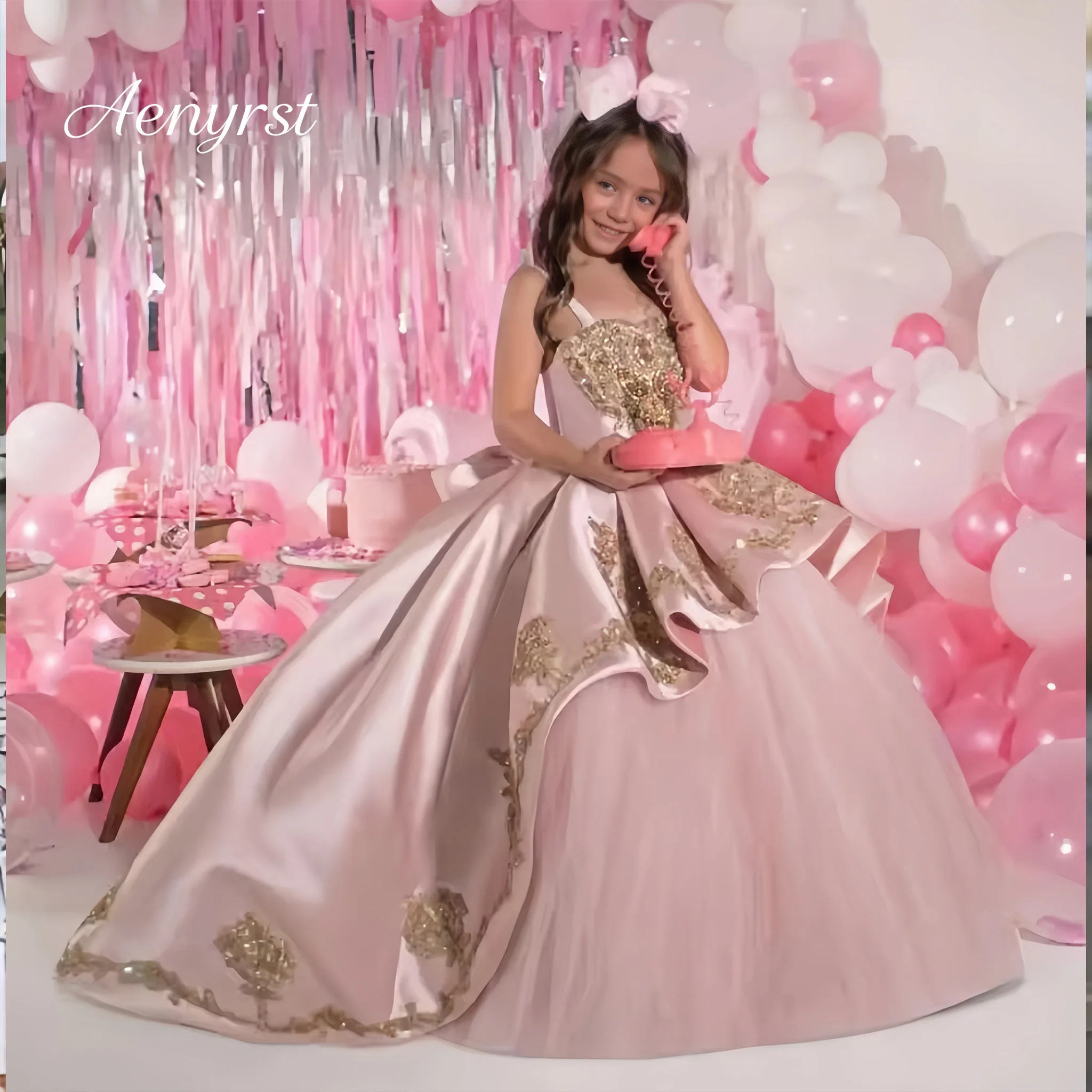 Girls Pink Satin Ball Gown Gold Embroidery Spaghetti Strap Floor Length Princess Dress For Pageant Birthday Party