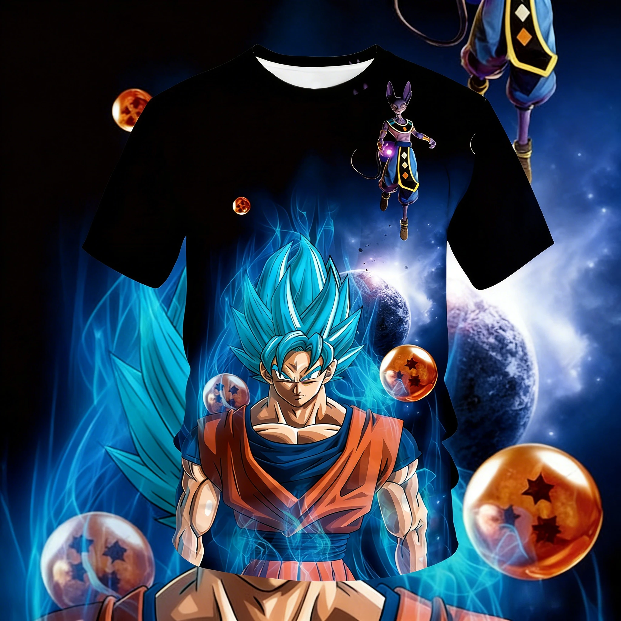 Vintage Dragon Ball Super Goku Super Saiyan Blue Beerus Dragon Balls Kosmische Galaxie 3D-Druck T-Shirt 2026 Sommer Unisex Oversized