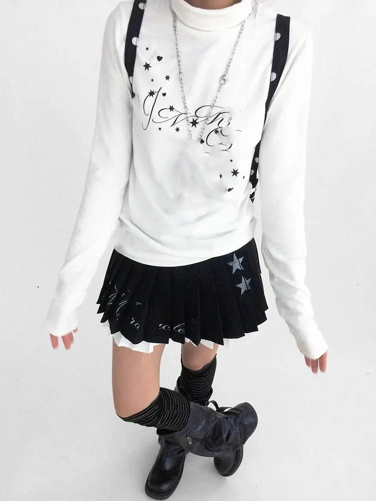 Striped Star Print Half High Collar Tshirts Women Retro Casual Long Sleeve Base Tops Korean Y2k Aesthetic Grunge Tees