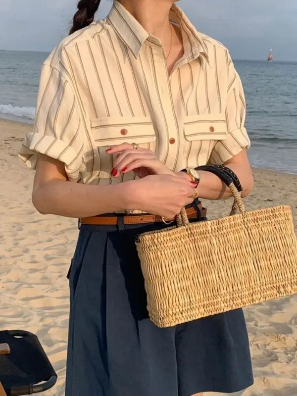 Camicia a maniche corte a righe stile coreano vintage francese