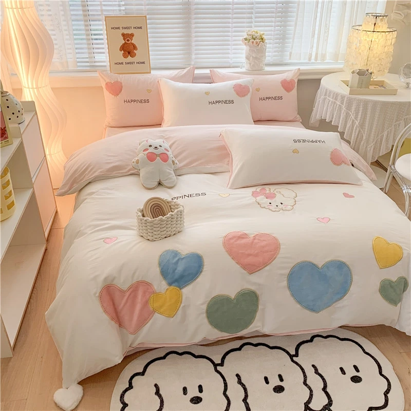 

Cartoon Heart Pattern Appliqué Comfortable Soft Cotton Bedding Set Duvet Cover Linen Fitted Sheet Pillowcases Home Textile