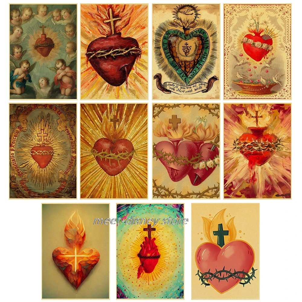 

Vintage Sacred Heart of Jesus Canvas Posters Kraft Paper Mary Sacred Heart Art DIY For Office Canvas Cafe Room Home Poster
