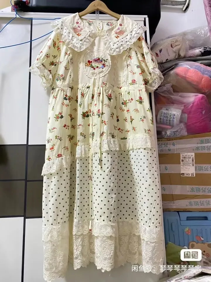 

Japanese Mori Girl Cotton Patchwork Lace Midi Dress Women Summer Vintage Retro Chic Sweet Kawaii Cute Long Dress