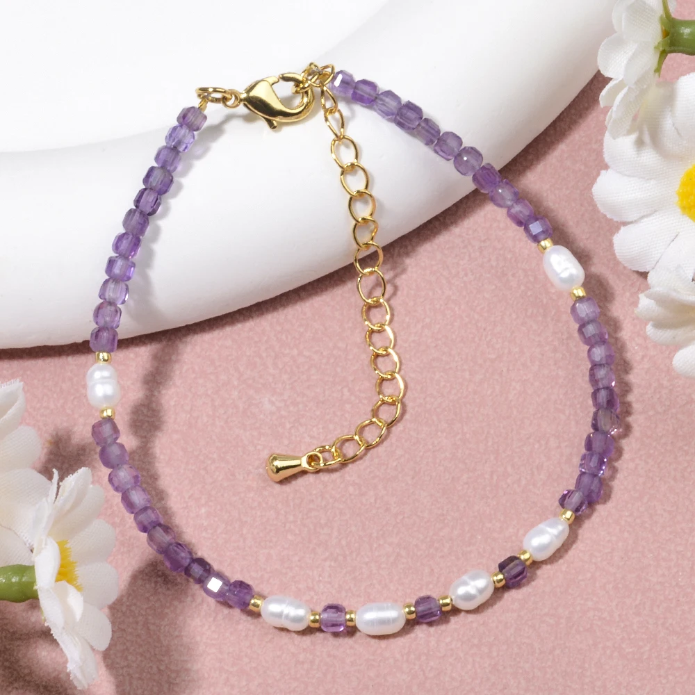 Classic Elegant Natural Stone Amethyst Tourmaline Faceted Cubes and Freshwater Pearls Bracelets for Women Daily Wear and Gift