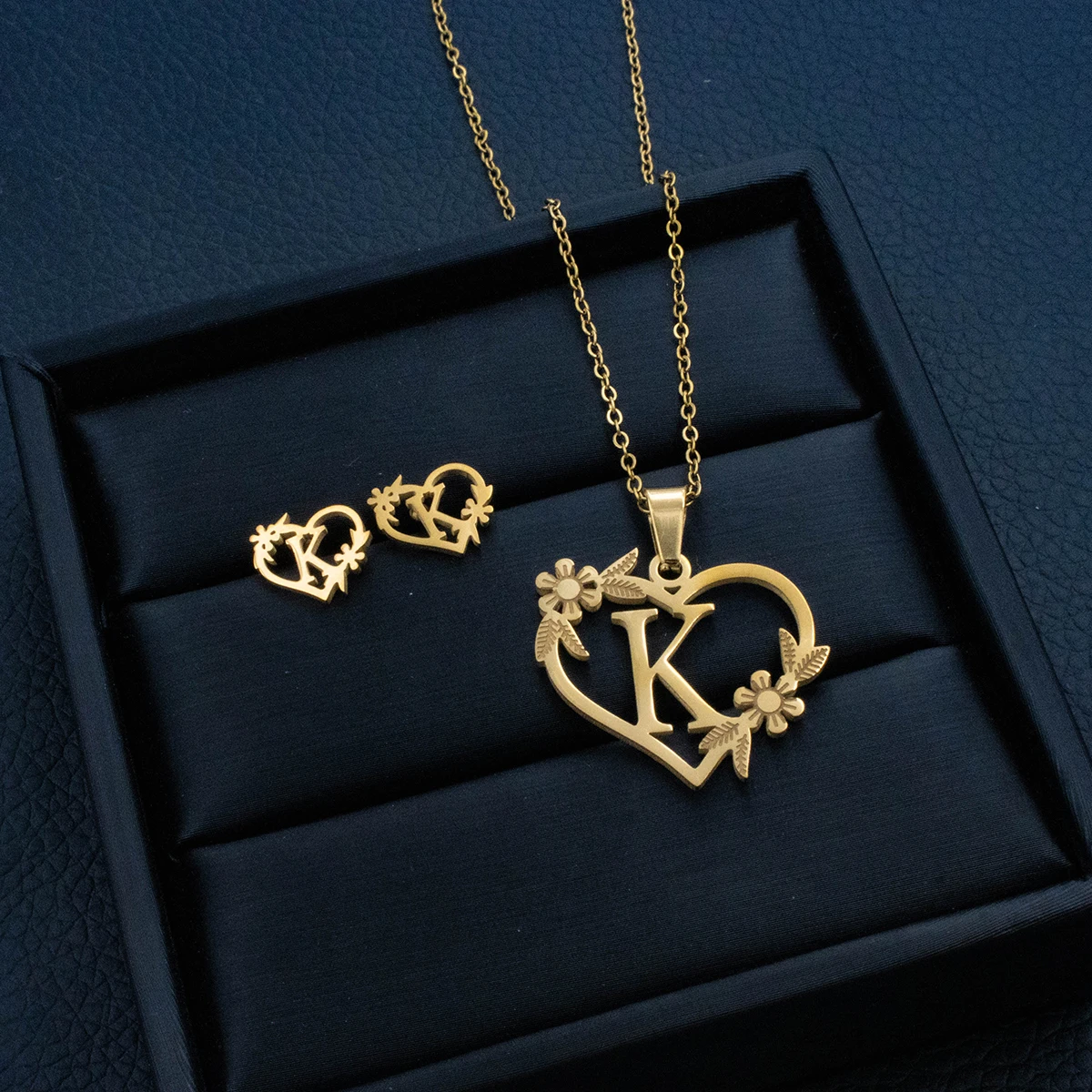 A-Z Letters Stainless Steel Jewelry Initials Heart Pendant Necklace and earring set Women Love Choker First Letter Accessories