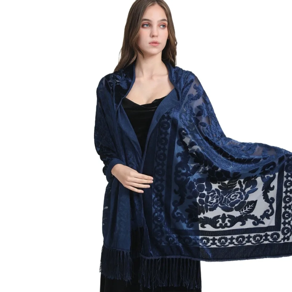 

Ethnic Style Chinese Dress Shawl Elegant Design Versatile Use Conditioner Shawl Warm Material Fringed Edge Velvet Scarf