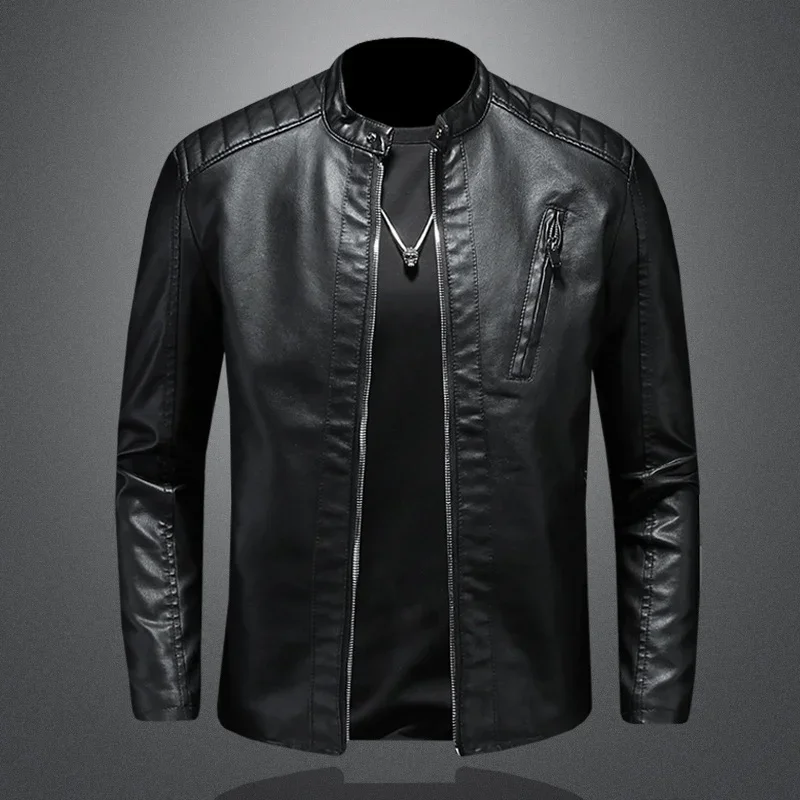 Spring Autumn Men\'s Motorcycle Leather Jacket Stand Collar Solid White Jackets Trend Windproof Streetwear Faux Leather Outwear