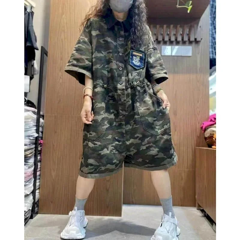 Denim Jumpsuits for Women Korean Style Half Sleeve One Piece Outfit Casual Cropped Romper Camouflage Jeans Summer Women Clothing