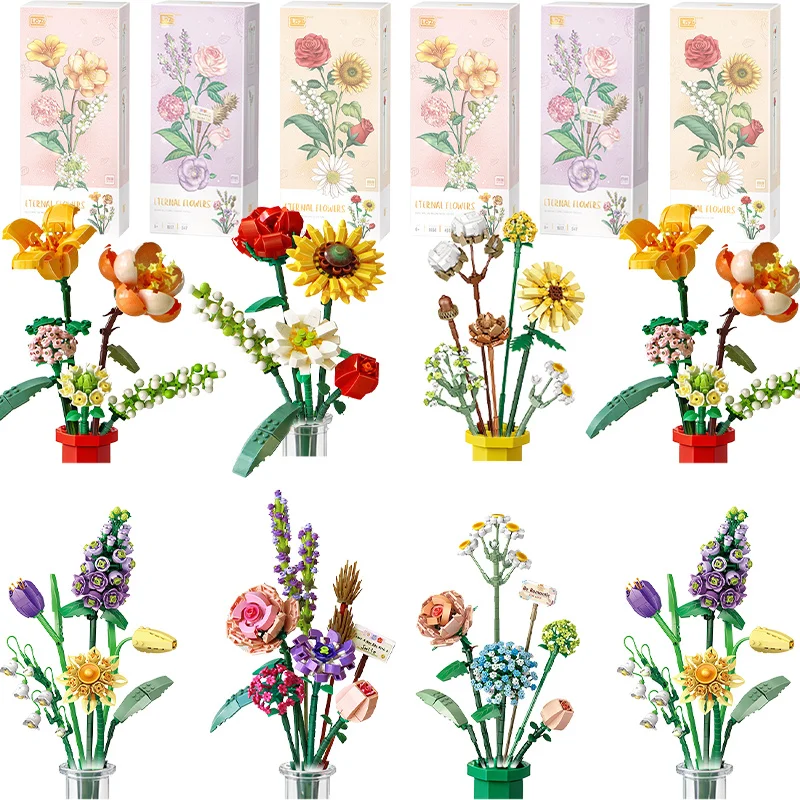 

Flower Bouquet Building Blocks Eternal Flower Plant Potted DIY Puzzle Toys Romantic Gifts for Girls Women Birthday Favor Decor