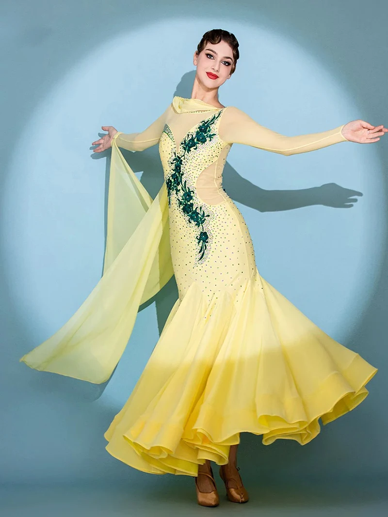 Standard Waltz Dance Dress Elegant Yellow Shiny Diamond Tango Ballroom Competition Dancing Costume Lady's Ballroom Dance Dresses