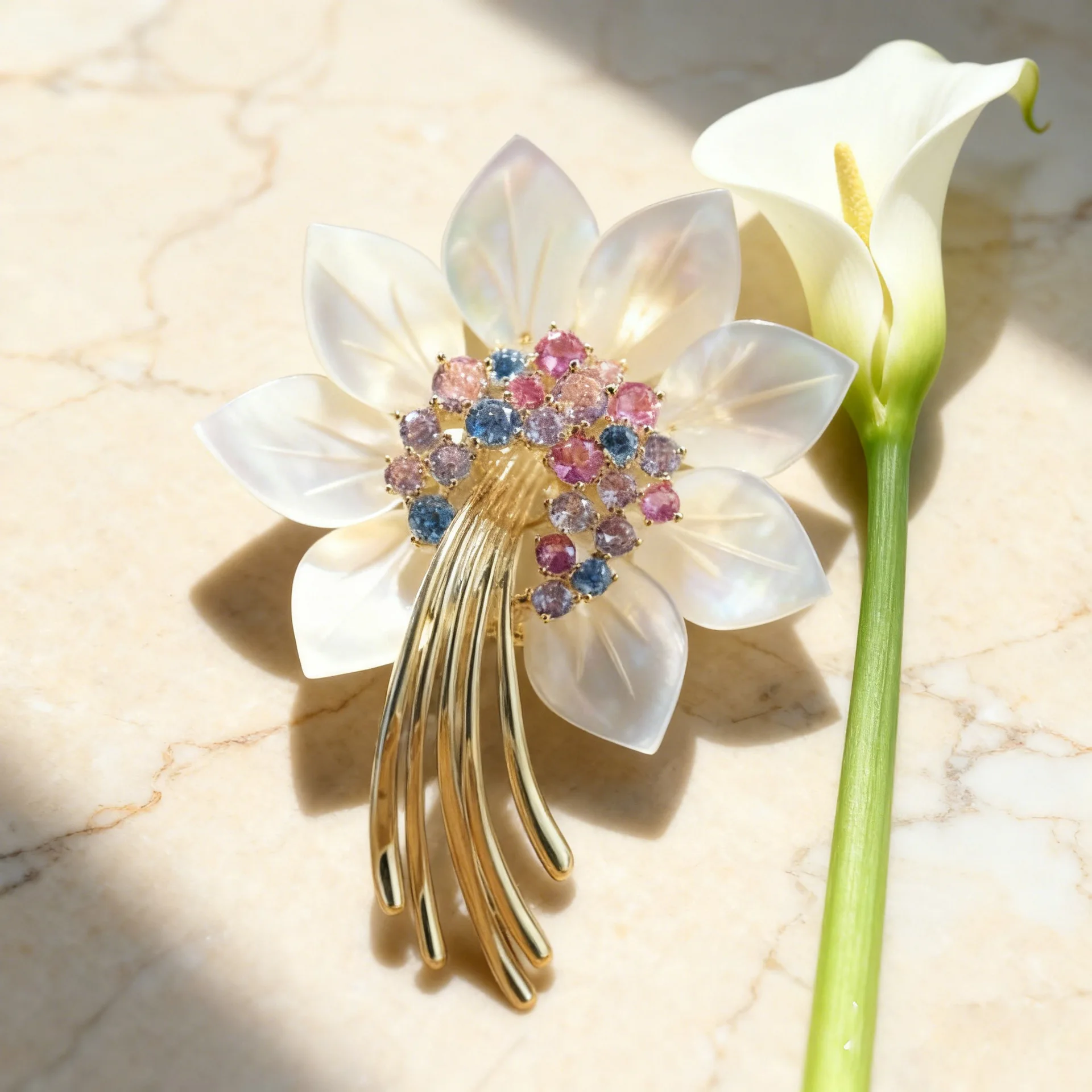 

Elegant Mother of Pearl Scarf Pin & Brooch Dual Use Flower Design for Women Luxury Gift