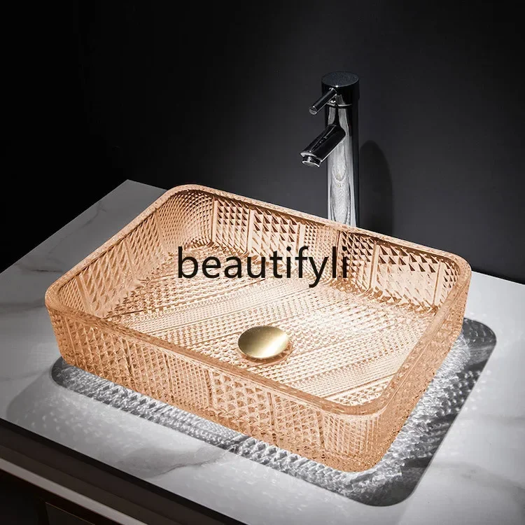 

ss Round glass table basin Crystal art basin Creative black square 03A