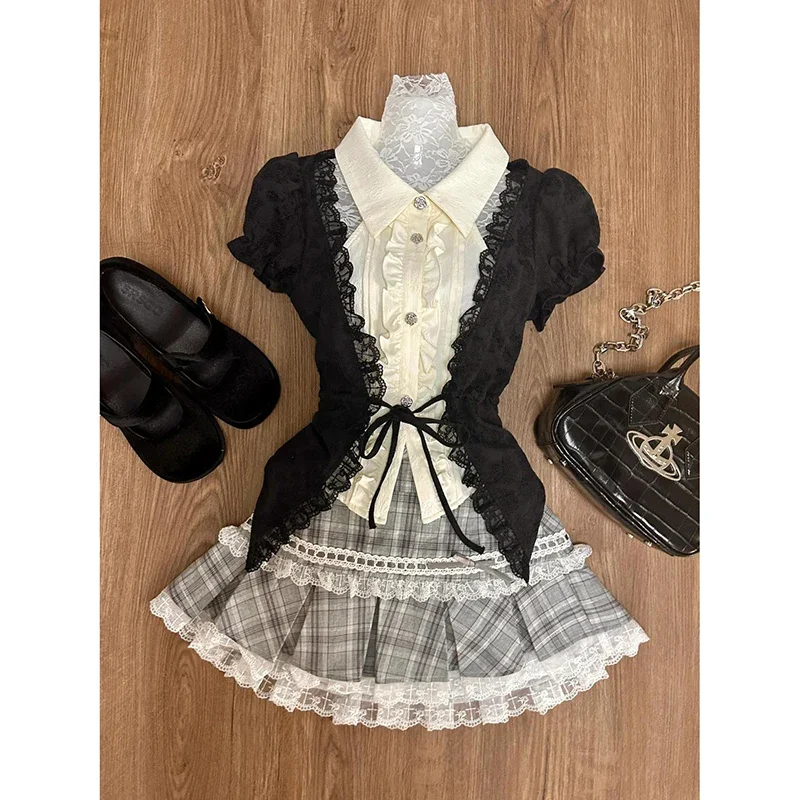 

Japanese Style Sweet Preppy Style Two Piece Set Women Vintage Kawaii Lace Patchwork Tops + Y2K Plaid A Line Slim Mini Skirts