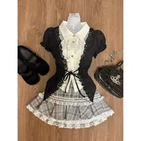 Japanese Style Sweet Preppy Style Two Piece Set Women Vintage Kawaii Lace Patchwork Tops + Y2K Plaid A Line Slim Mini Skirts