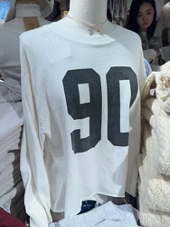 90 Print Loose Long Sleeve Crop Top For Woman O-Neck Raw Hem Long Sleeve T-shirt Autumn Vintage Sweet Cute White Cotton Tshirts