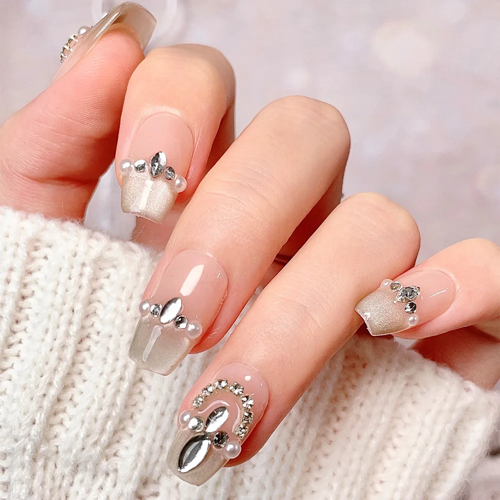 10pcs Short Trapezoid Handmade Press On Nails Kit, Golden Fake Nails, Noble Royal Wearable Nail Art, Rhinestone Ring, Princess
