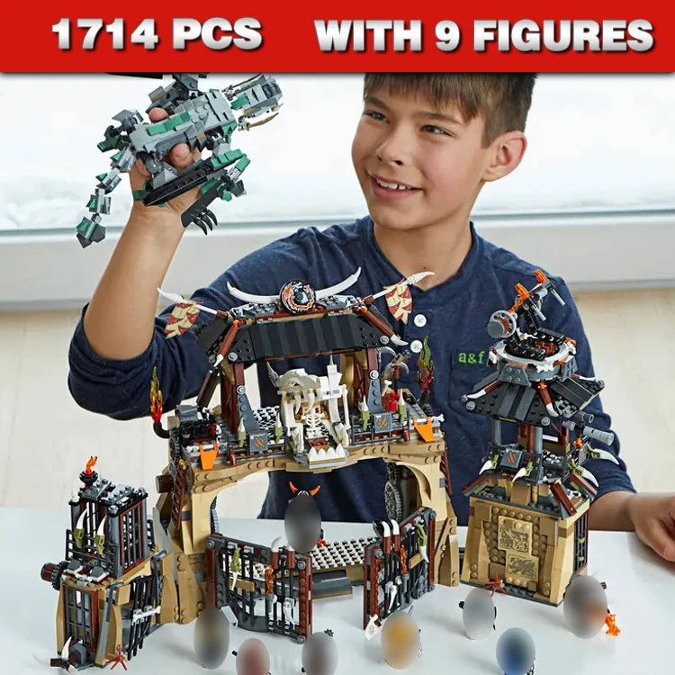 

1714pcs Shinobi Dragon Pit Modular Base Watchtower Gate-opening Function Jail 10722 Building Block Toys Compatible With Model