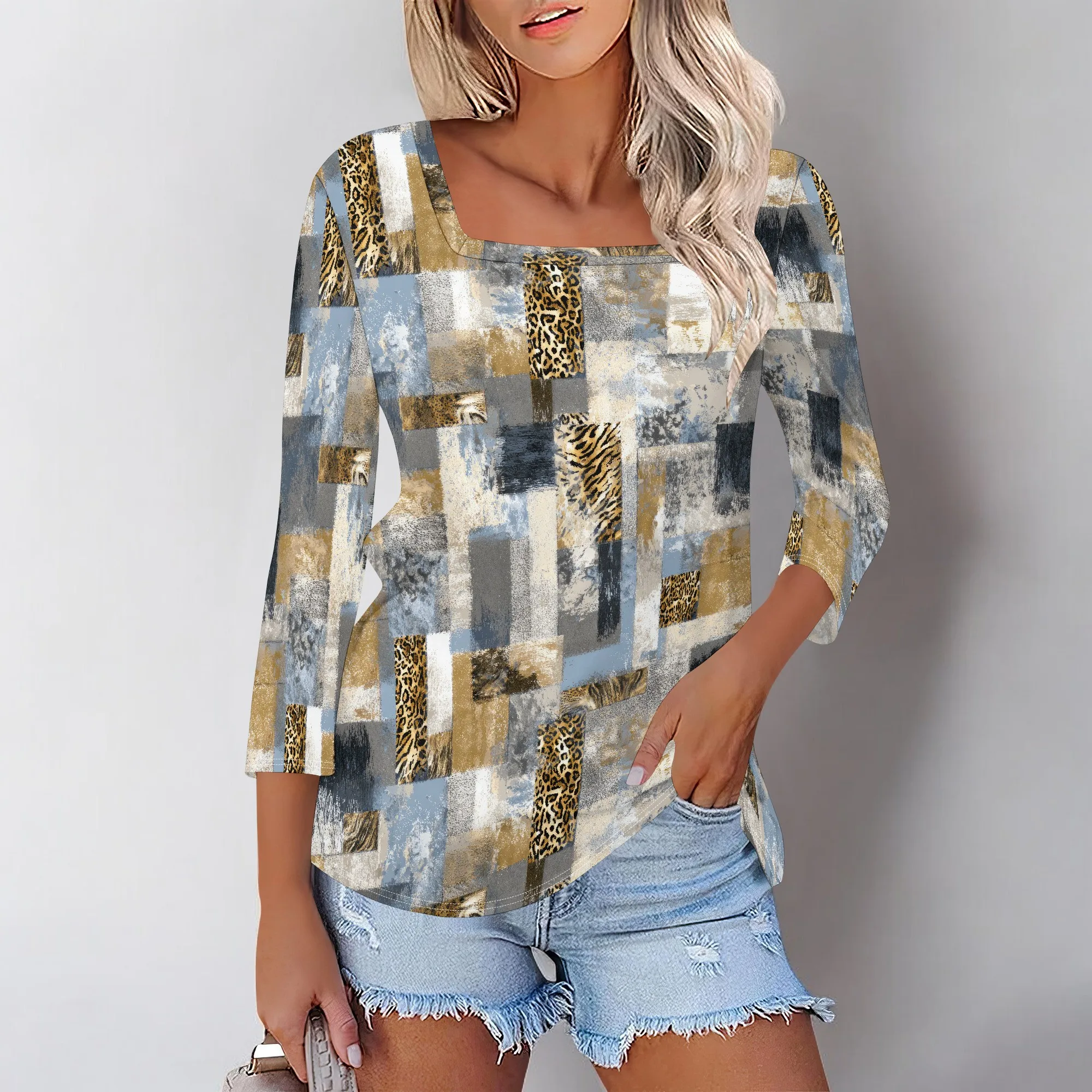 3/4 แขนยาวผู้หญิงเสื้อ 2025 แฟชั่นฤดูร้อนสําหรับผู้หญิง Crewneck Casual หลวม Fit จีบ TOP
