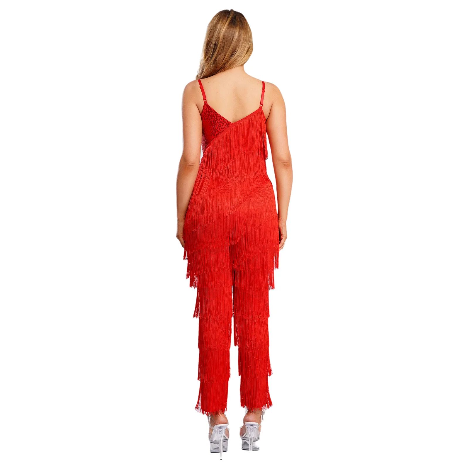 Peleles de una pieza con borlas escalonadas para mujer, peleles de baile de Tango latino, camisola, pantalones largos, mono para trajes de salón de baile Cha-cha Salsa