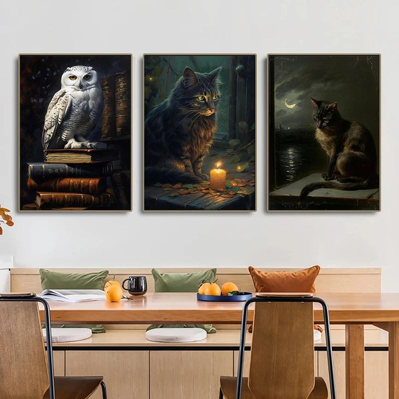 Vintage Cat Bat Raven Owl Hedgehog Dark Academia Poster Canvas Printing Decor Living Room Bedroom Wall Art Home Decor Gift