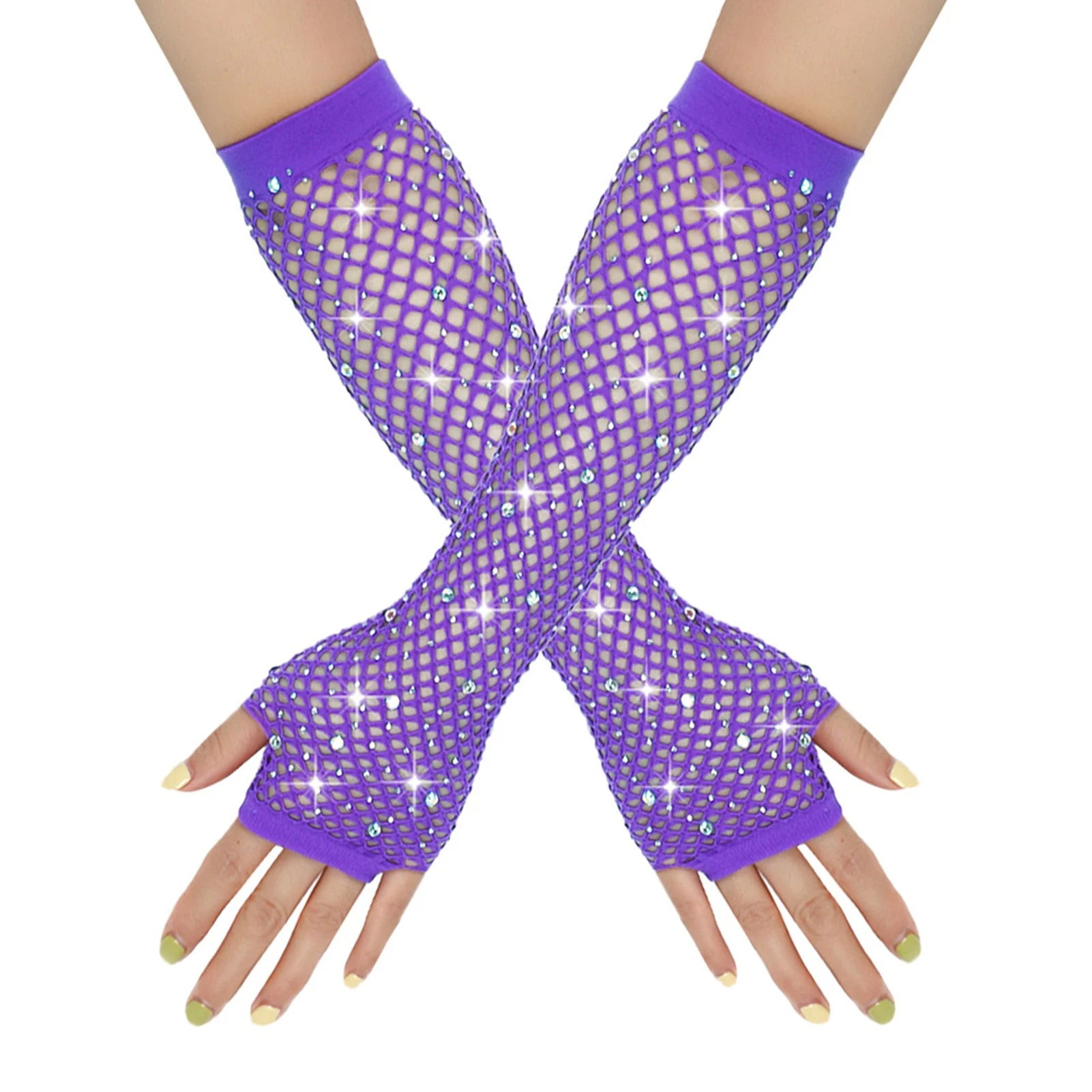 

Shiny Rhinestone Fishnet Fingerless Long Gloves Leg Arm Cuff Women Party Wear Fancy Glove Sexy Girls Punk Dance Mesh Gloves