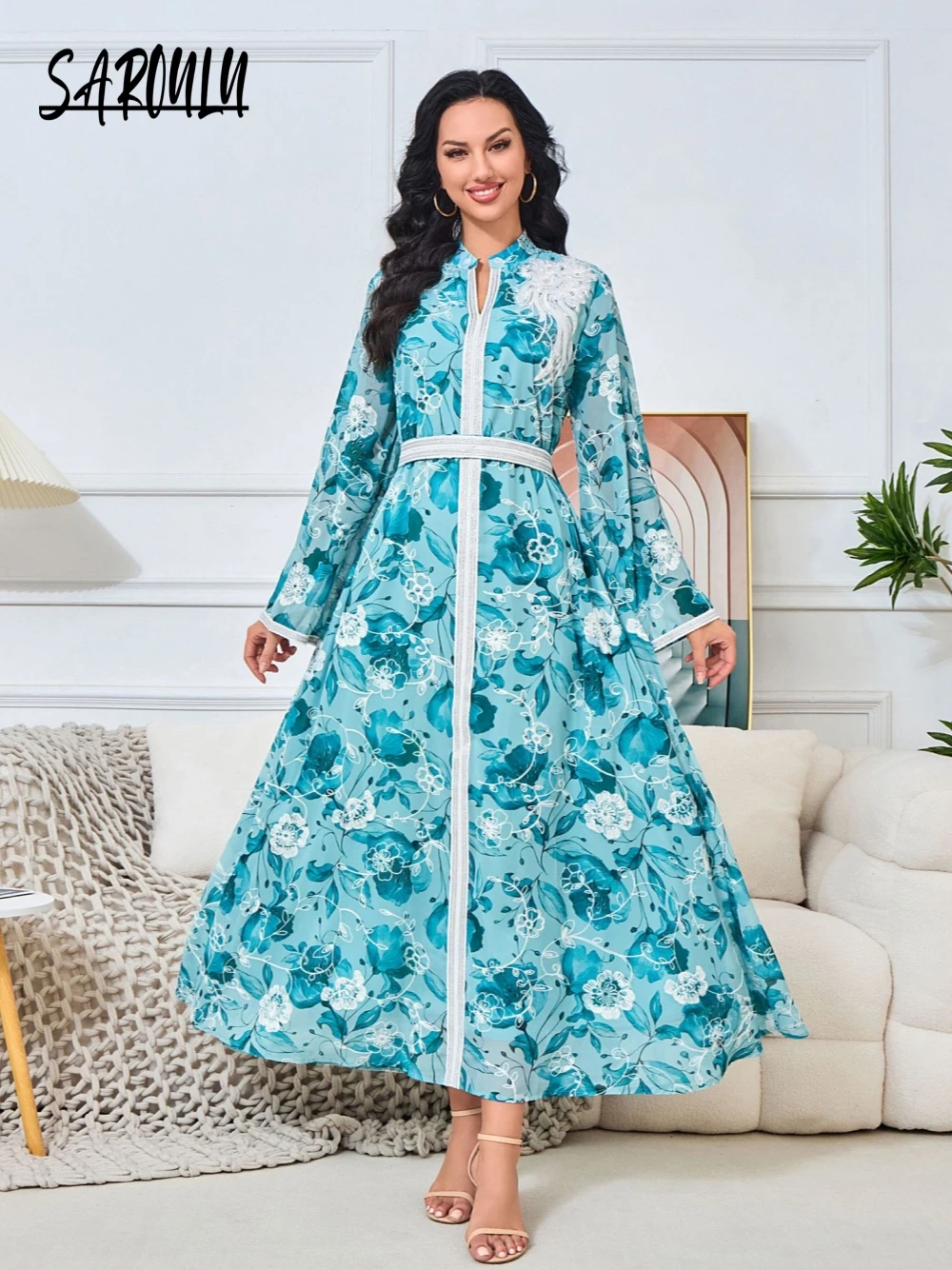 

2025 Kaftan Flower Printing Evening Dress Muslim Appliques Dubai Elegant High Neck Prom Gown Customized Women Caftan A Line Robe