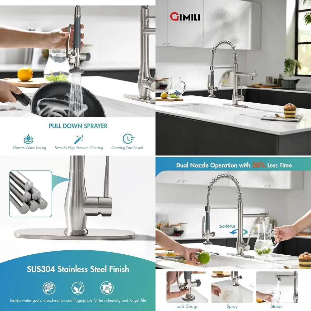 

Кухонный смеситель с одной ручкой и выдвижным распылителем, матовый никель, с декоративной накладкой на столешницу