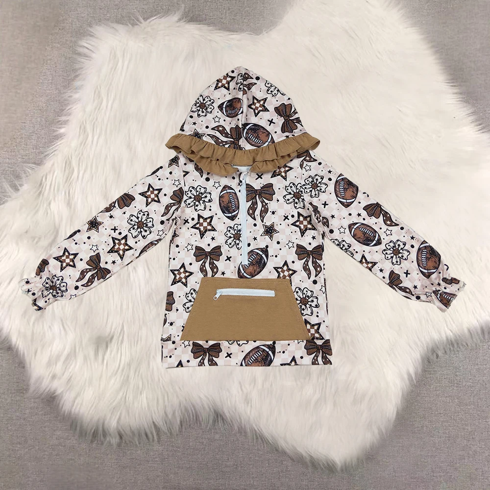 

Baby Girls Football Themed Ruffle Hoodie Long Sleeve Zippered Top with Checked Pocket Floral Bow Team Spirit Kids Clothing