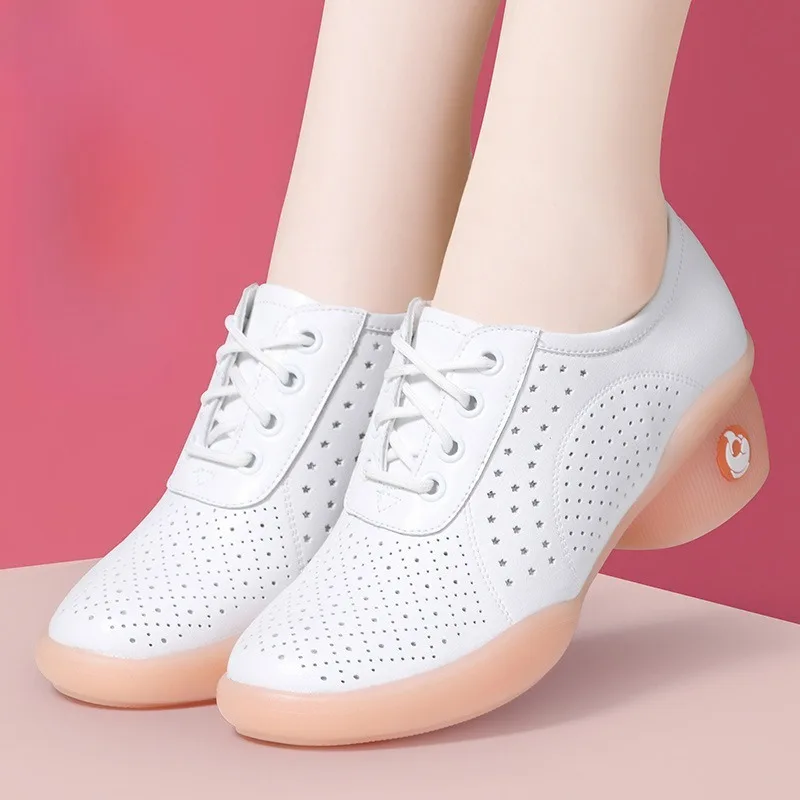 

New Adult Women's Soft cowhide Middle Heel Dancing Shoes Breathable Navy Square Dance Latin Dance Shoes for Adults