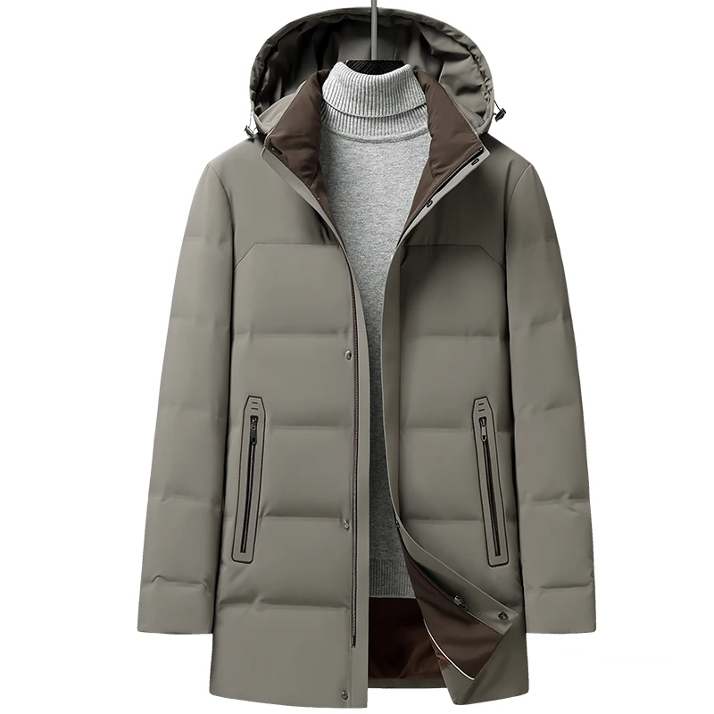 Casual Winter Mens Warm Hooded Duck Down Jacket Solid Detachable Hat Puffer Coat Outwear Loose Windproof Thick Mid-Length Parkas
