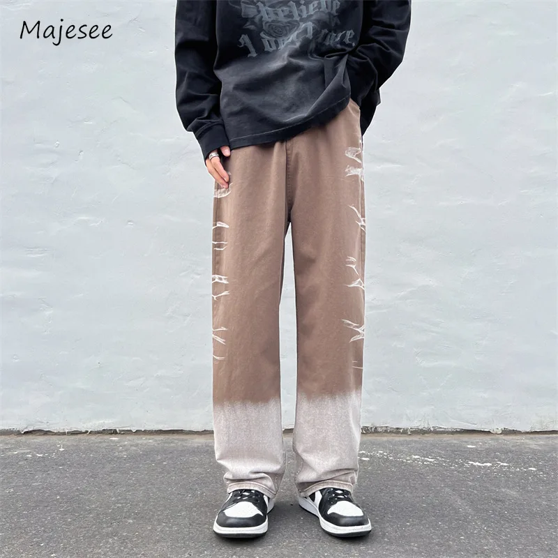 

Wide Leg Jeans Men Ankle Length Mid Waist Gradient Color Washed Bleached Vintage Fitness Hip Hop American Pink Style Hipster