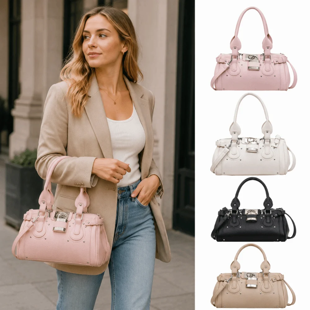 Retro PU Leather Boston Handbag Detachable Strap Rivet Lock Buckle Barrel Tote Purse Lock Design Y2K Crossbody Bag Ladies Daily