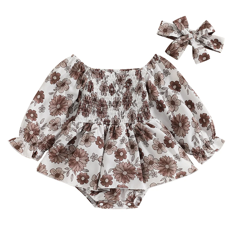 

Baby Girls Rompers Dress Floral Print Long Sleeve Skirt Hem Jumpsuits Fall Clothes Bodysuits with Headband