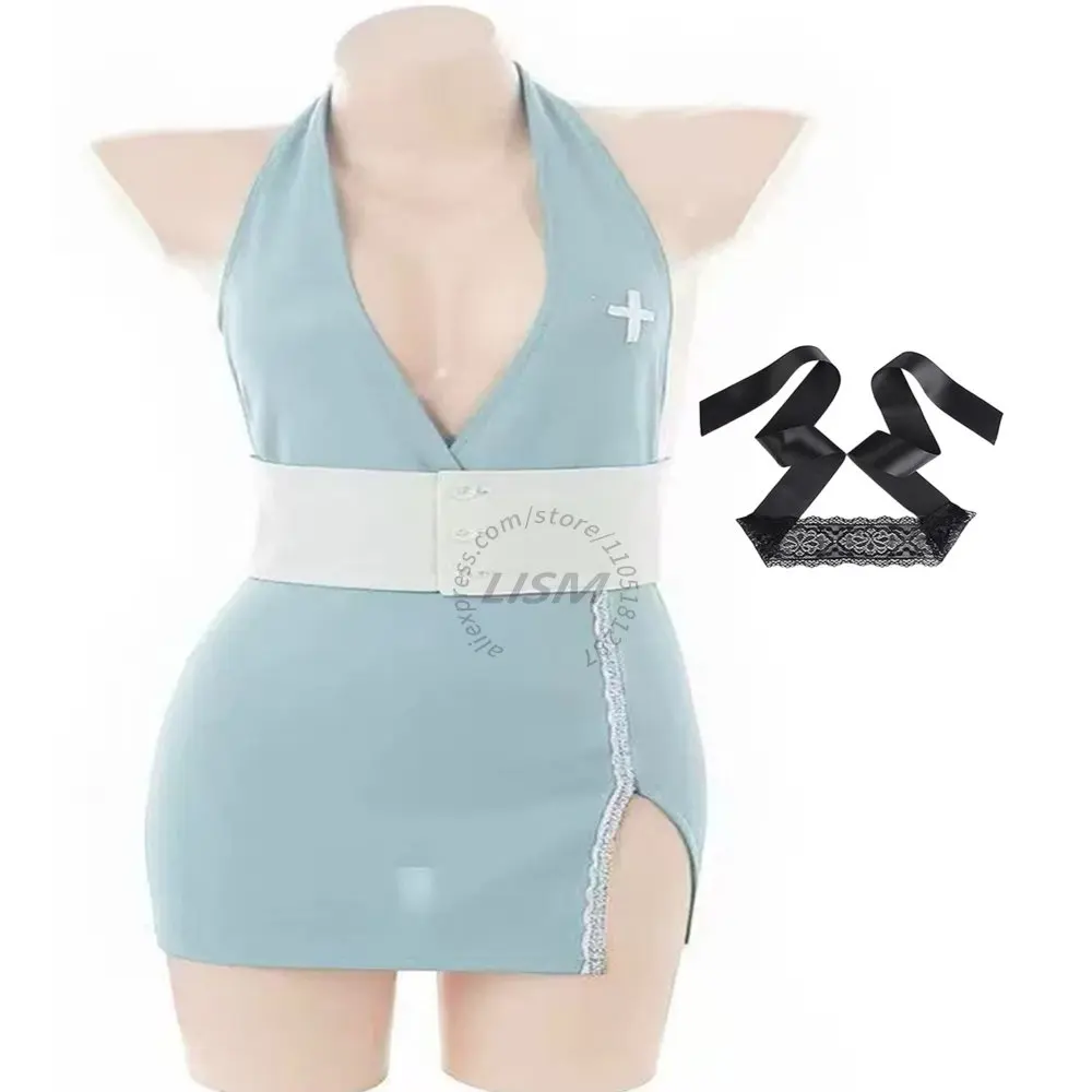 

LISM Women's Nurse Role Play Uniform Outfit Deep V Neck Stretchy Teal Mini Dress Lingerie for Couple Fun