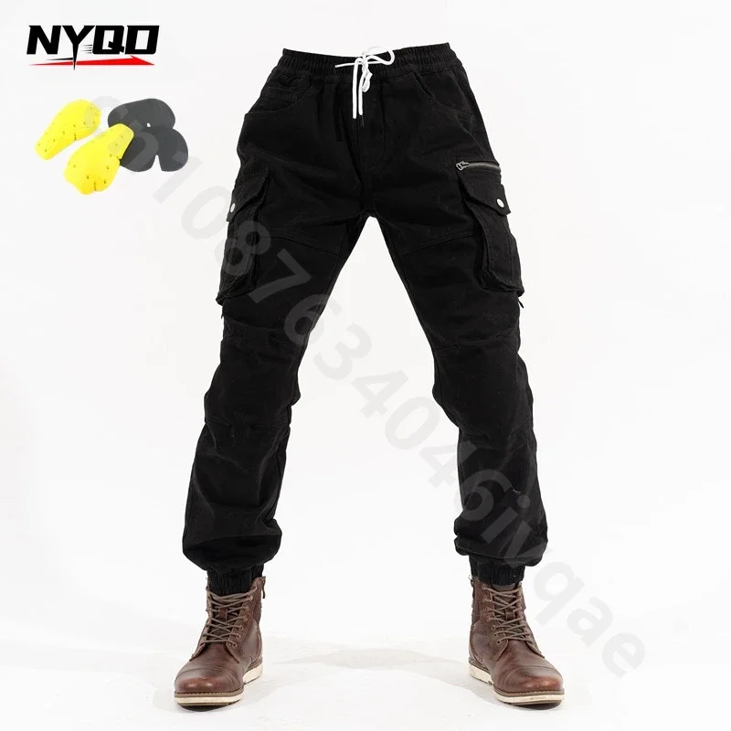 Four-season Men Motorcycle Riding Pants Elastic Waist Slim-fitting Leggings Multi-pocket Overalls Protective Gear Daily Leisure