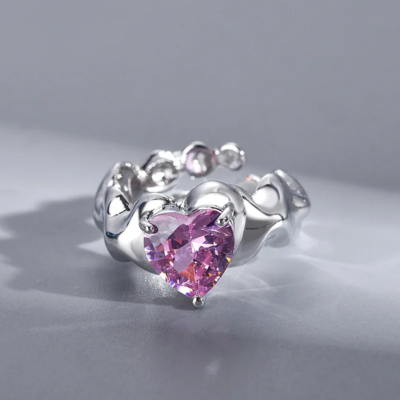 Silver new purple heart-shaped zircon expansion lock ring with adjustable heart and high-end feel, versatile jewelry for women
