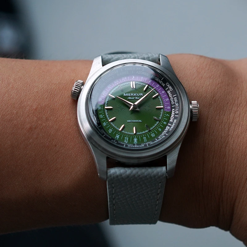 ساعة Merkur World Time للرجال ميكانيكية ريترو للرجال جلد مقاوم للماء 38 ملم Reloj Hombre