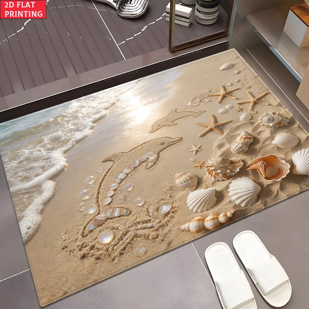 2D HD Flat Print Beach Shells Texture Non Slip Absorbent Washable Rug Mat For Bathroom Kitchen Yoga Indoor